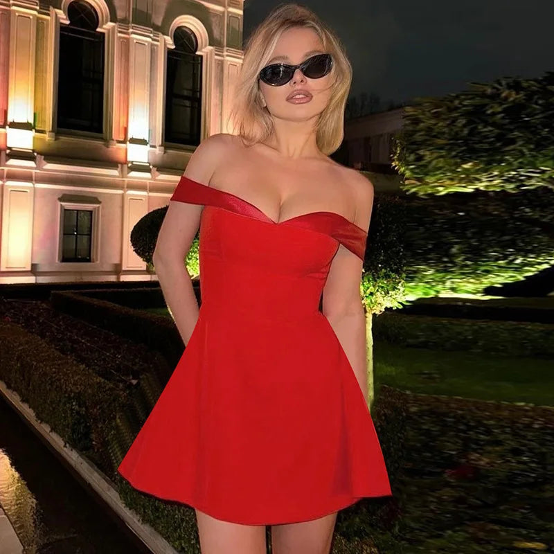 A-Line Mini Dress with Off-Shoulder Satin Straps - Natalia