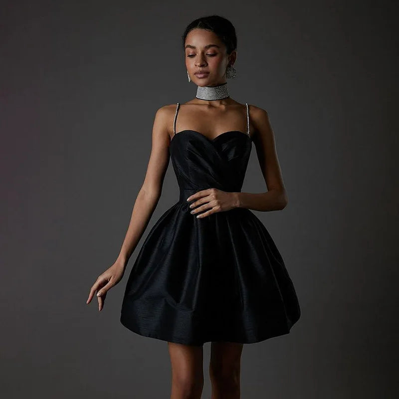 A-Line Satin Mini Dress with Sequin Straps - Miel