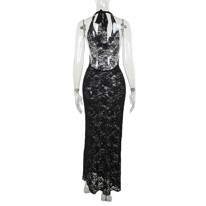Lace Maxi Dress with Open Back and Draped Collar - Vanilia