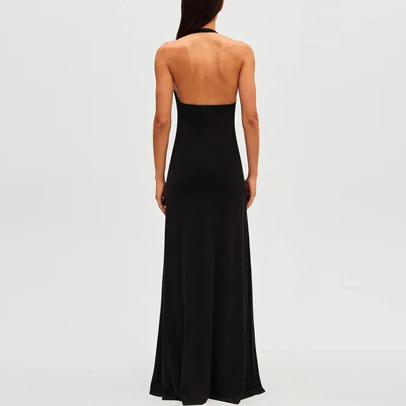 Maxi dress with deep neckline and open back - Alma
