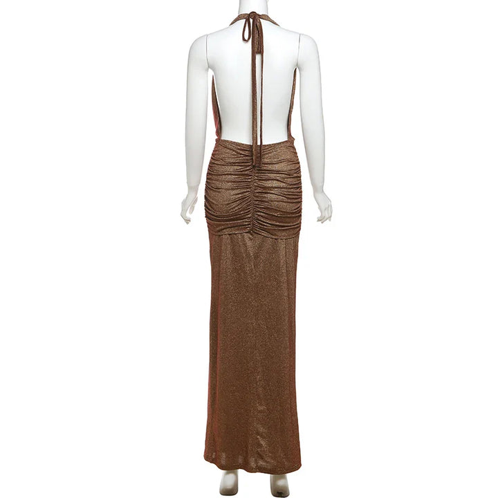 Sequin Maxi Dress with Draped Collar and Pleated Design - Angela