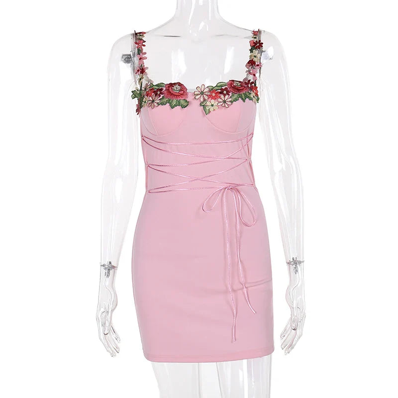 Mini Dress with Embroidery and Flower Straps with Satin Tie String Decoration - Lilia