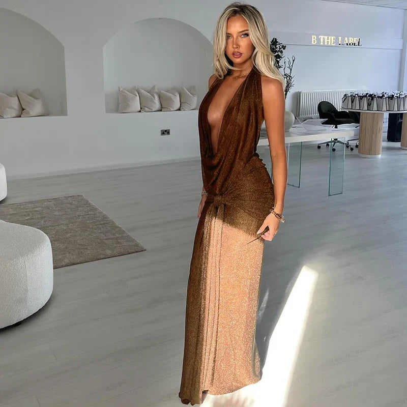 Sequin Maxi Dress with Draped Collar and Pleated Design - Angela
