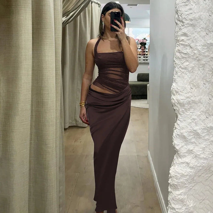Satin Maxi Dress with Gathered Mesh Top and Open Back - Arya