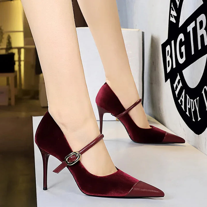 Pointed Heel Shoes with Velvet and Faux Leather Buckle Decoration - Mabel