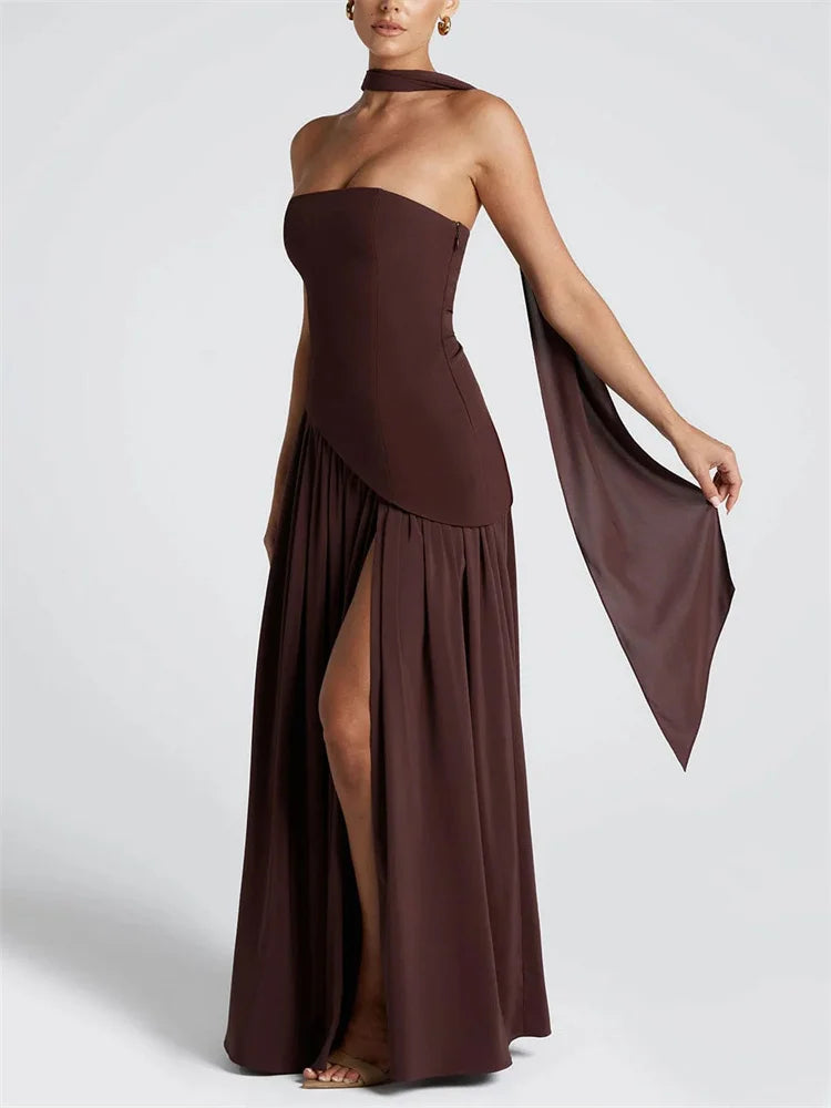 Maxi Strapless Dress with Back Tie, Chiffon Skirt, Slit, and Matching Scarf - Zora