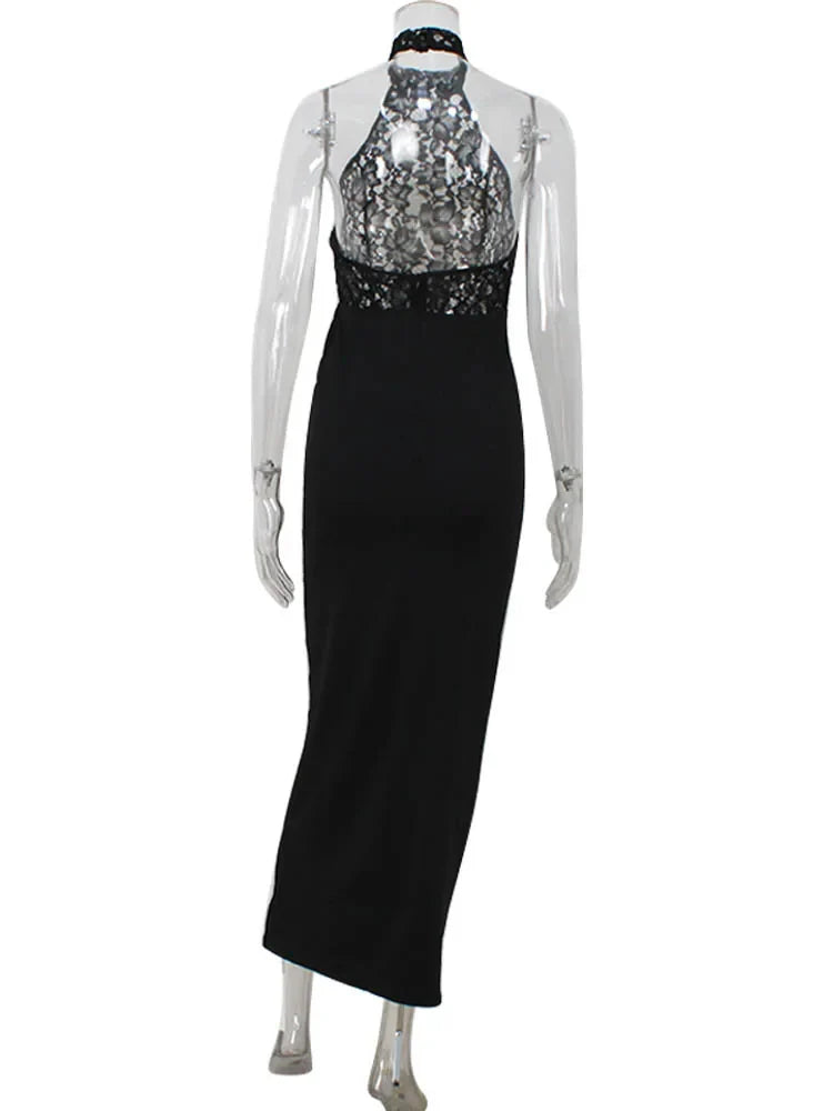 Maxi Dress with Collar, Lace Design, Sheer Hem, and Open Back - Eliza