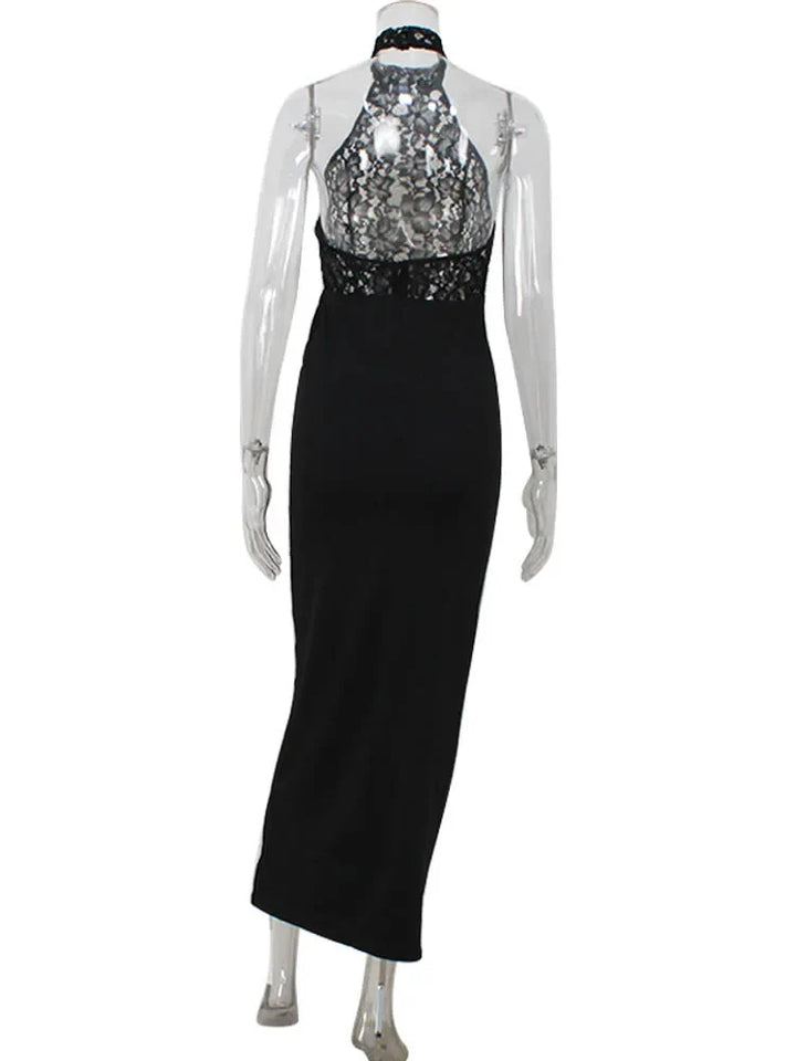 Maxi Dress with Collar, Lace Design, Sheer Hem, and Open Back - Eliza