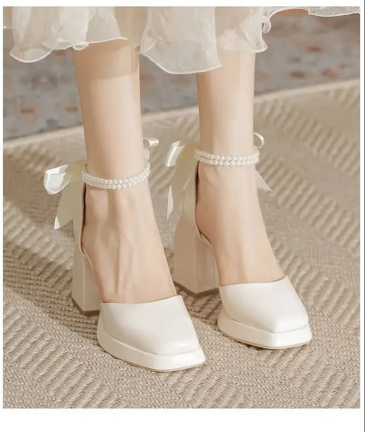 Shiny Faux Leather High Heels with Pearl and Bow Decoration - Vivian