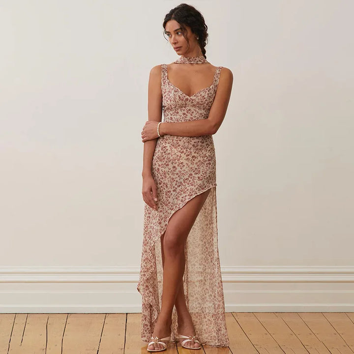Floral Maxi Dress with Open Back, Slit, and Scarf - Elay