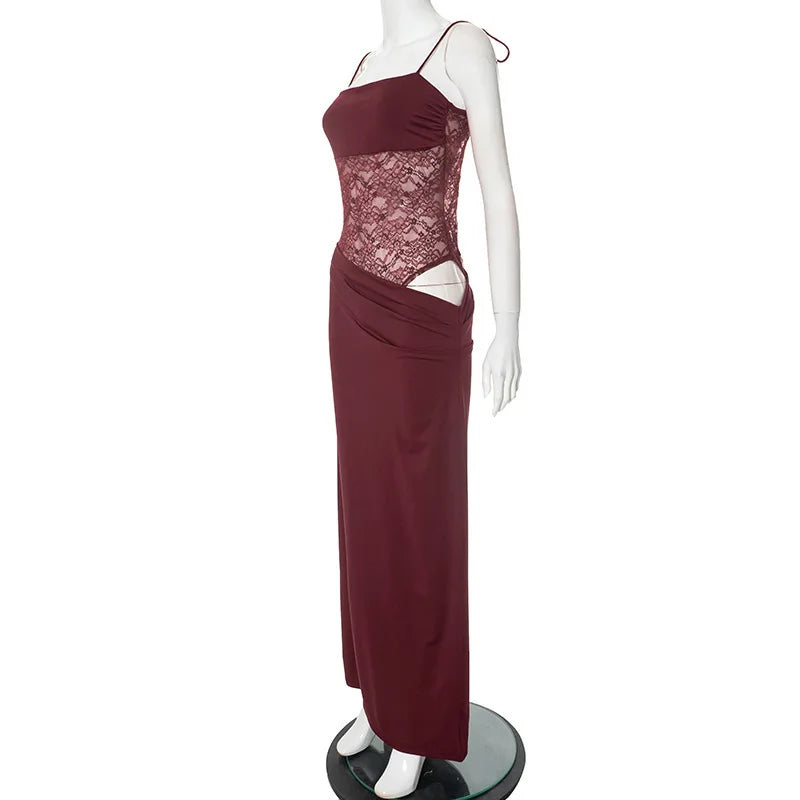 Elegant Maxi Dress with Lace and Tie Straps - Indigo