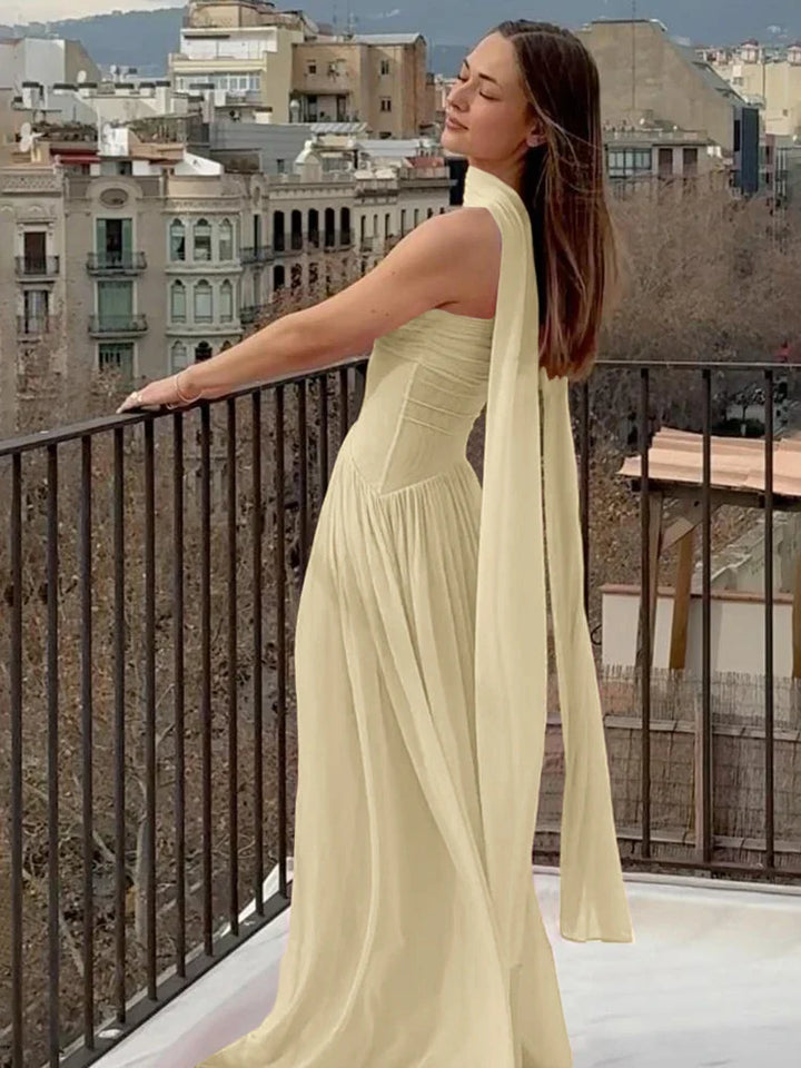 Strapless chiffon maxi dress with ruching and matching scarf decoration - Mia