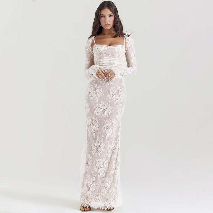 Elegant Maxi Lace Dress with Lace Sleeve Overlay - Ilia