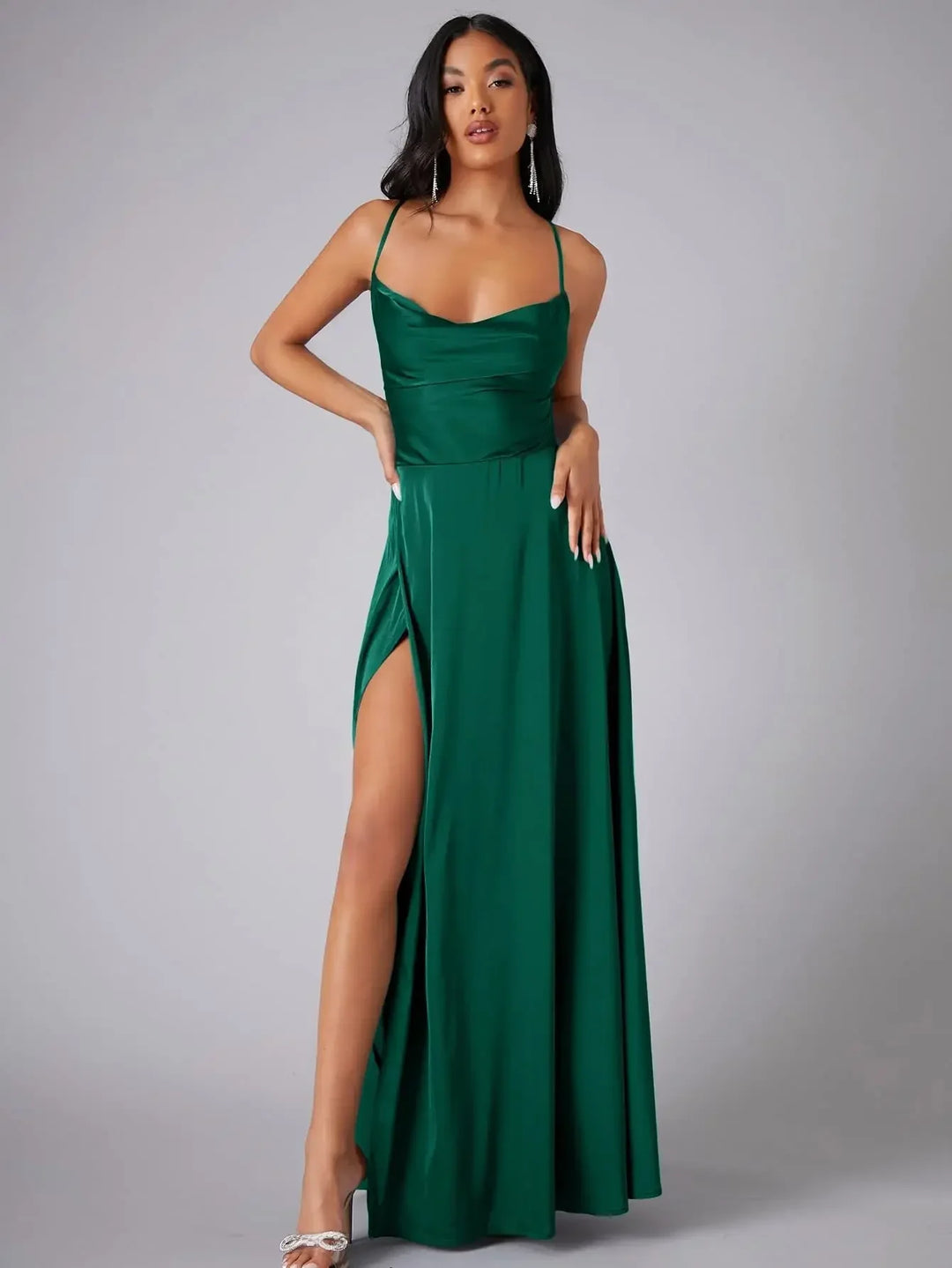 Maxi Satin Dress with Slit Detail and Back Tie - Leona