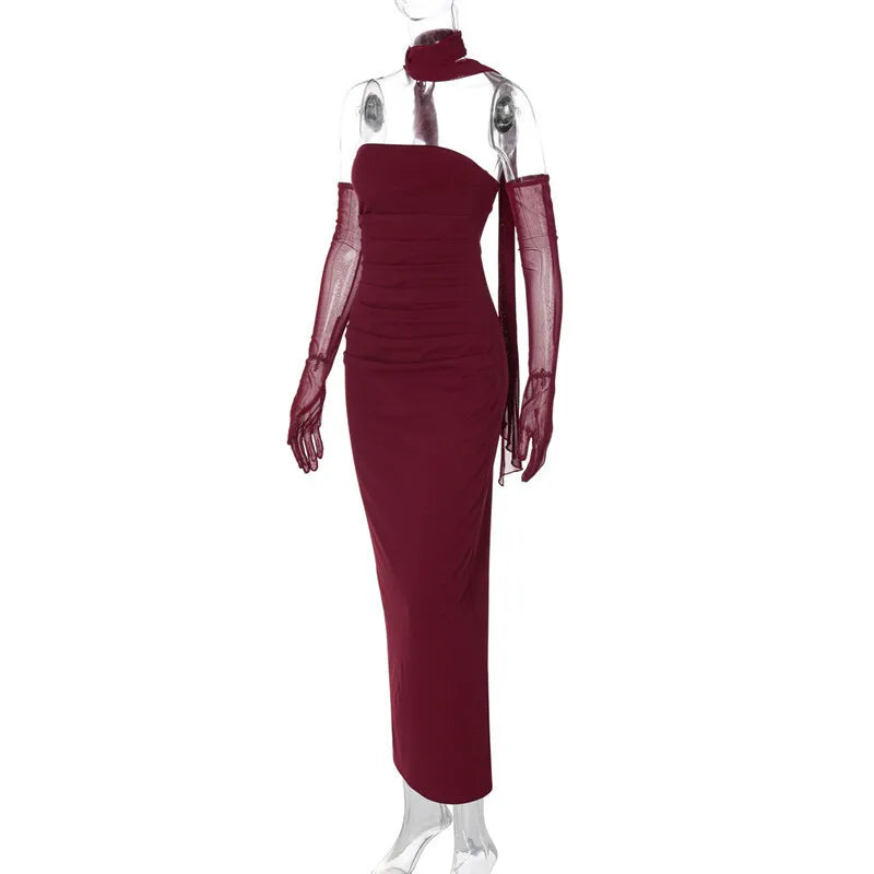 Maxi strapless dress with glove and chiffon scarf decoration - Annabel