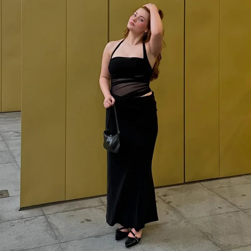 Satin Maxi Dress with Gathered Mesh Top and Open Back - Arya