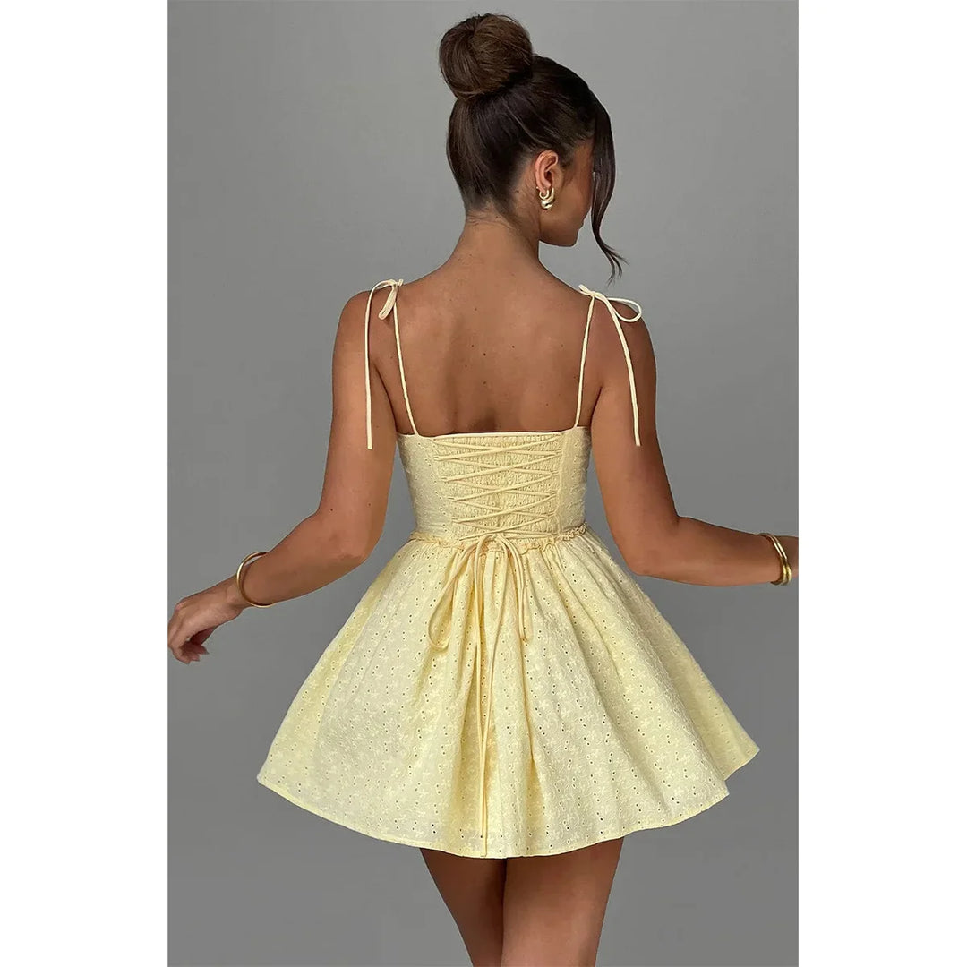 A-Line Mini Dress with Embroidery and Tie Straps - GAYA