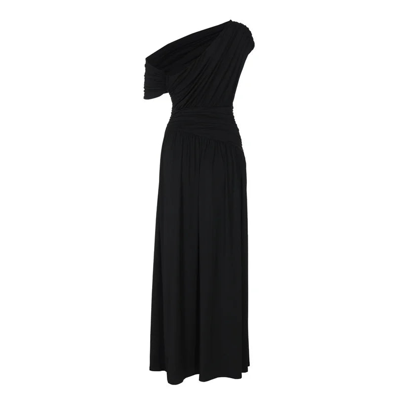 Elegant maxi pleated dress with one shoulder exposed - Maylin