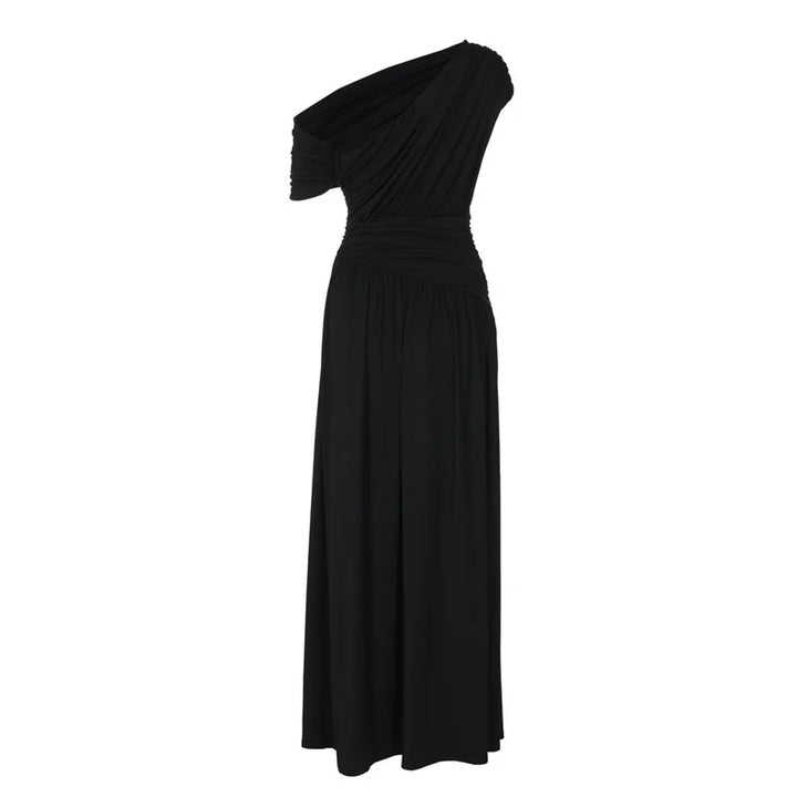 Elegant maxi pleated dress with one shoulder exposed - Maylin