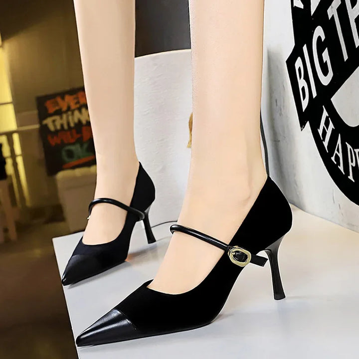 Pointed Heel Shoes with Velvet and Faux Leather Buckle Decoration - Mabel