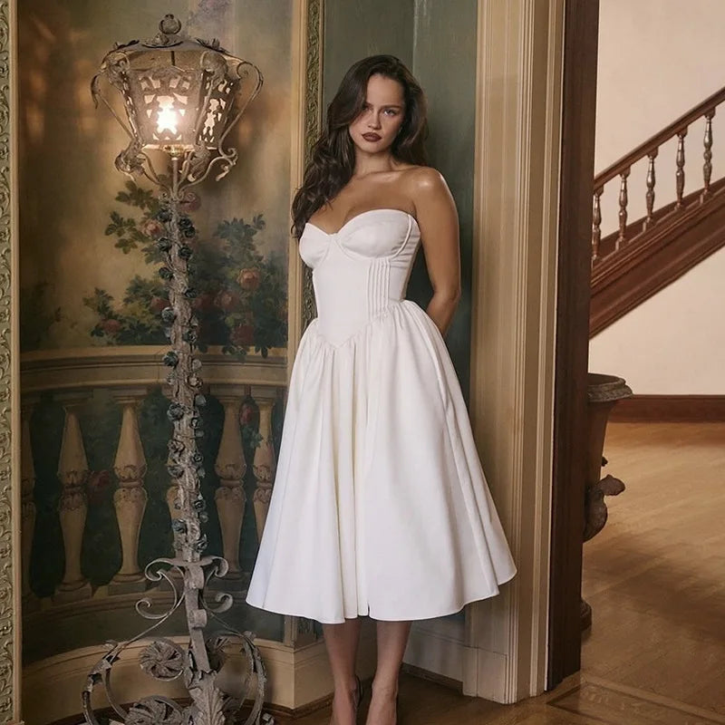 Strapless Midi Dress with A-Line and Elegant Design - Simone