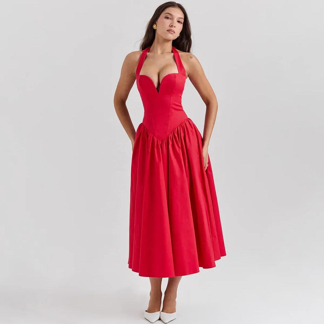 Midi A-Line Dress with Corset Design, Neck Tie - Tanya