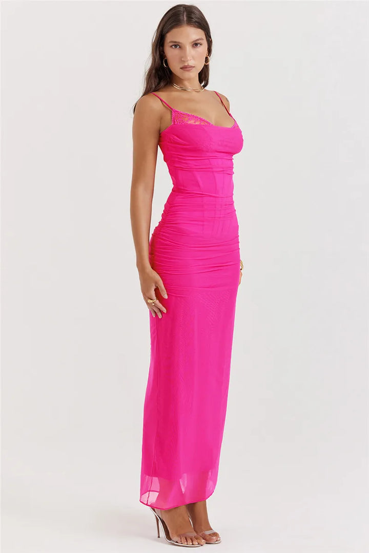 Fitted Maxi Chiffon Dress with Lace Details - Rosalia