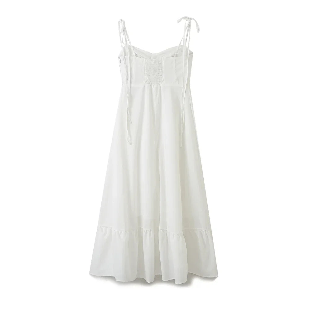 Ruffled Maxi Dress with A-Line Cut and Tie Straps - Allie
