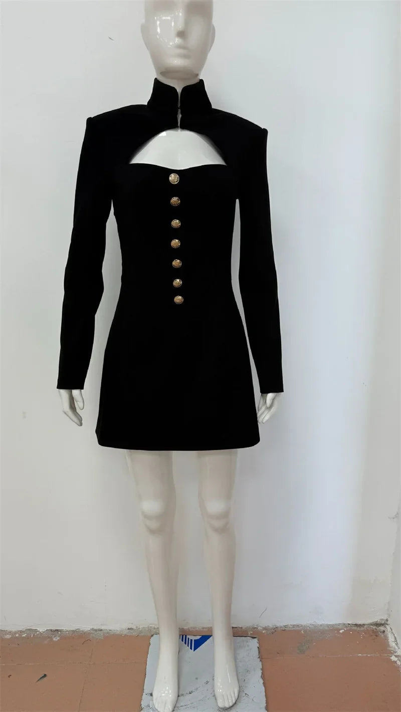 Fitted Mini Dress with Turtleneck and A-Line Cut with Button Decoration - Mary Line