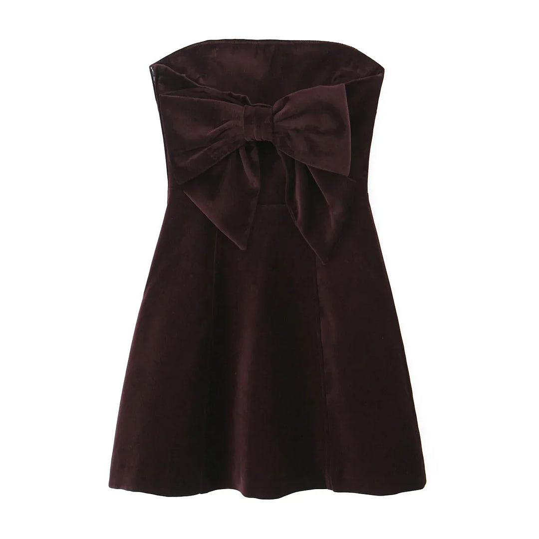 Mini strapless velvet dress with bow decoration on the back - Bailey