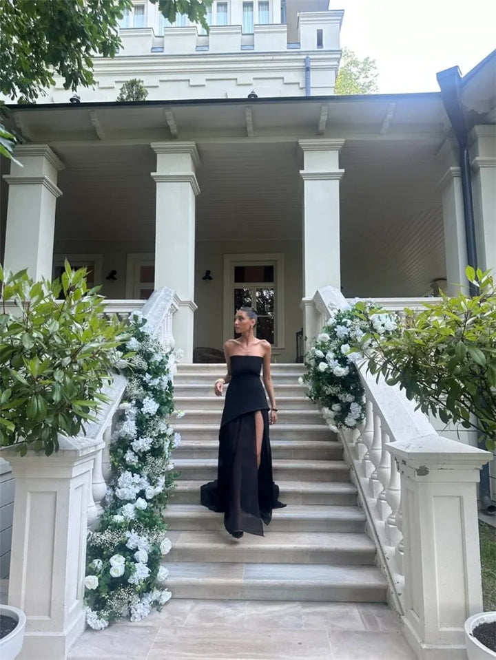Strapless Maxi Dress with Chiffon Bottom, Slit Design, and Matching Scarf Detail - Princess