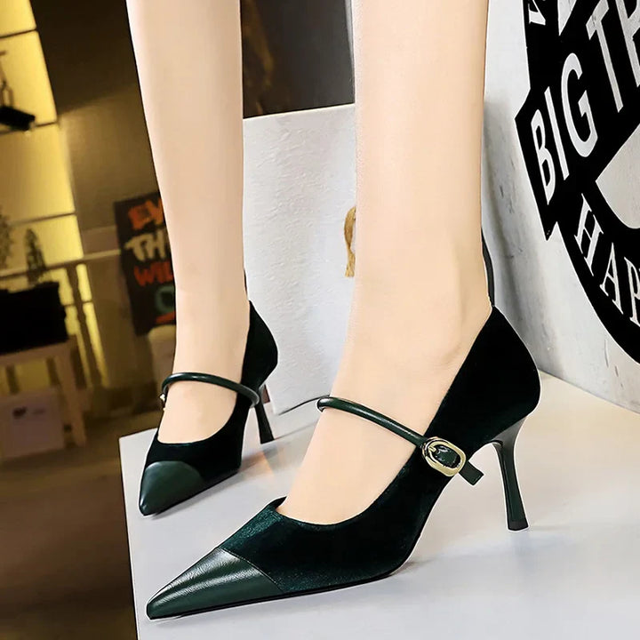 Pointed Heel Shoes with Velvet and Faux Leather Buckle Decoration - Mabel