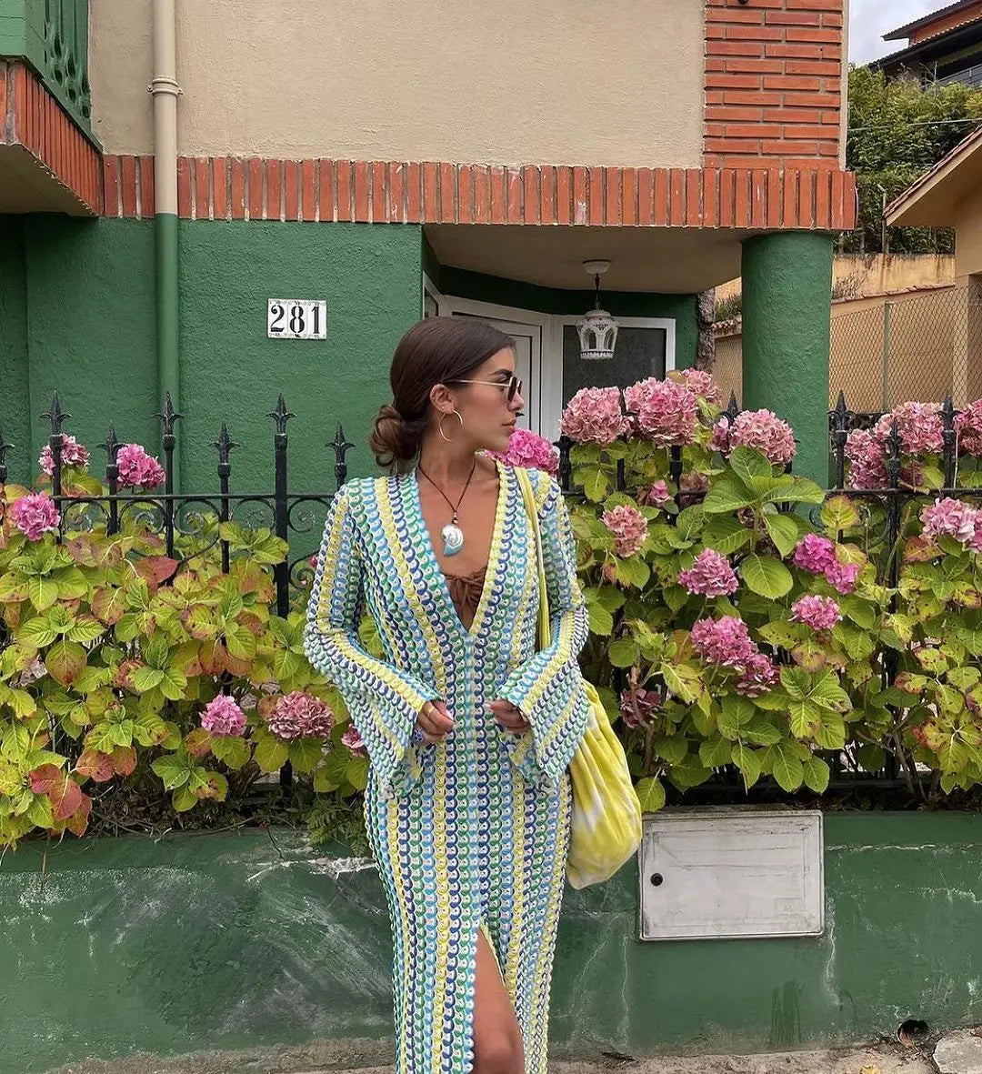 Crochet Beach Maxi Dress with Slit Design - Laila