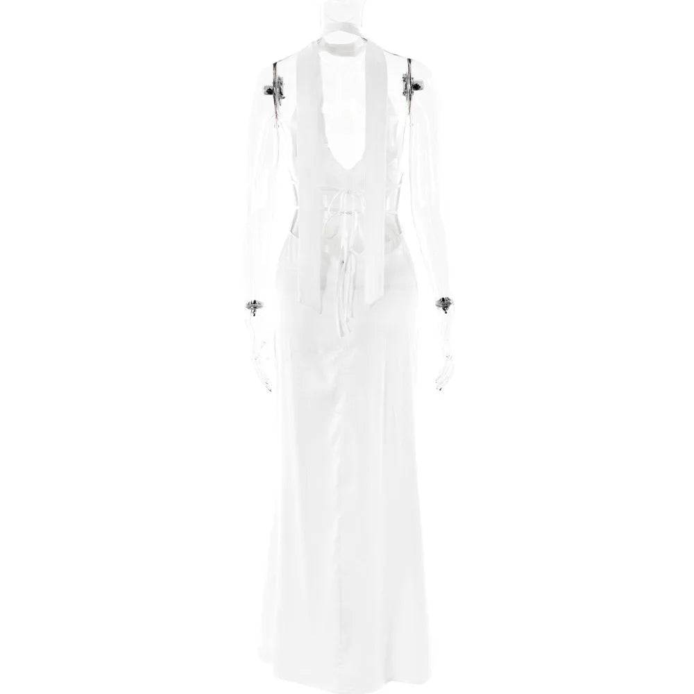 Satin Dress with Deep Neckline and Neck Tie - Paulina