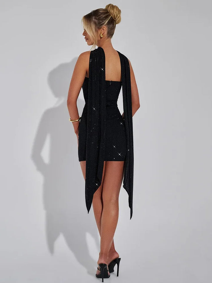 Strapless Mini Dress with Glitter Sequins and Matching Scarf Detail - Katlia