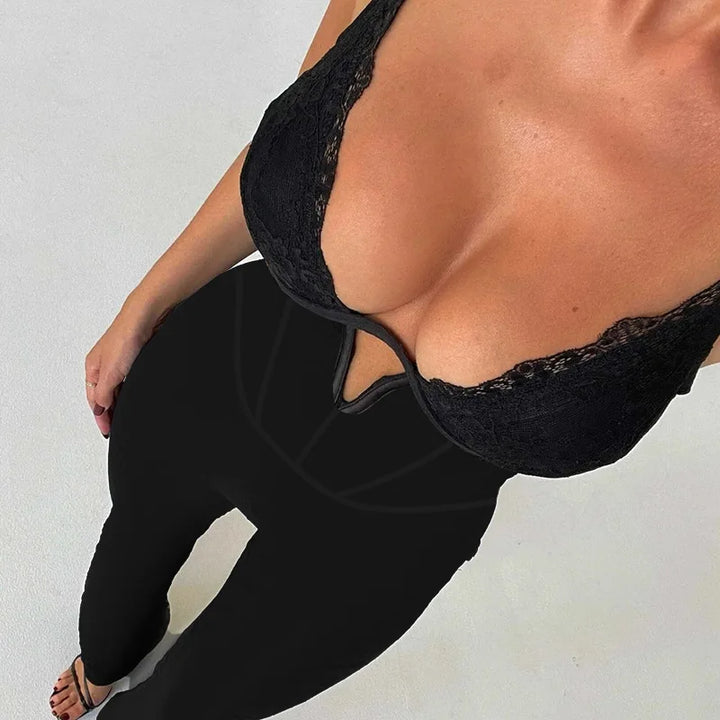 Long pedal-pusher pants jumpsuit with lace trim - Liz