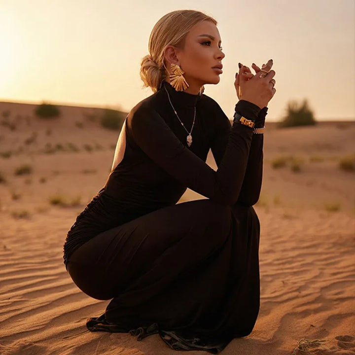 Turtleneck open-back maxi dress with ruching decoration - Ilayil