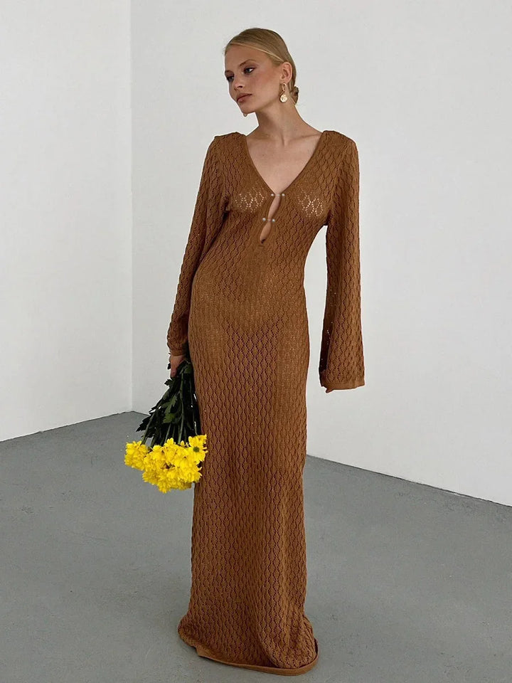Knitted Maxi Beach Dress with Open Back and Pearl Pin Decoration - Lina