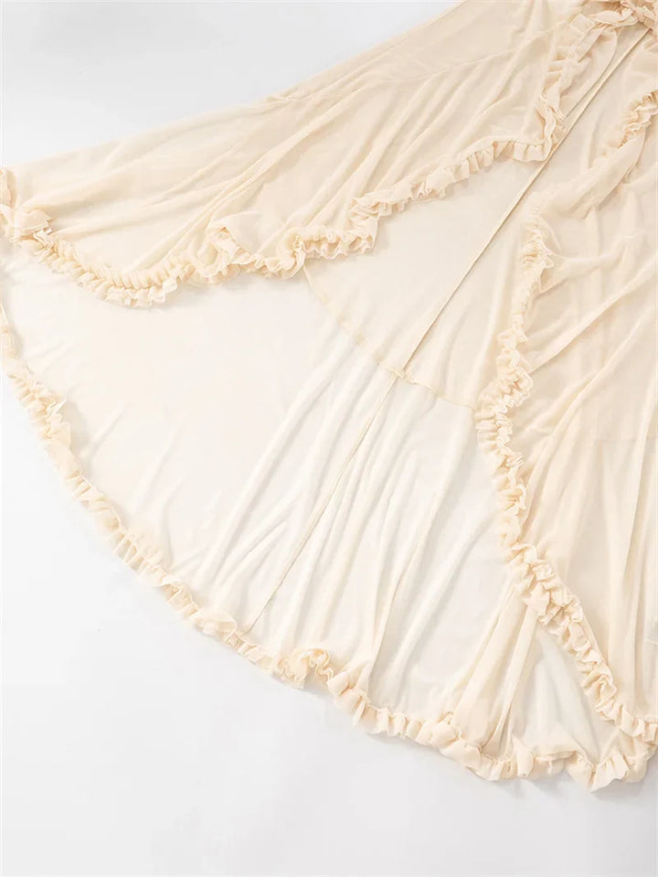 Maxi chiffon dress with ruffles and asymmetric design with matching scarf detail - Milka