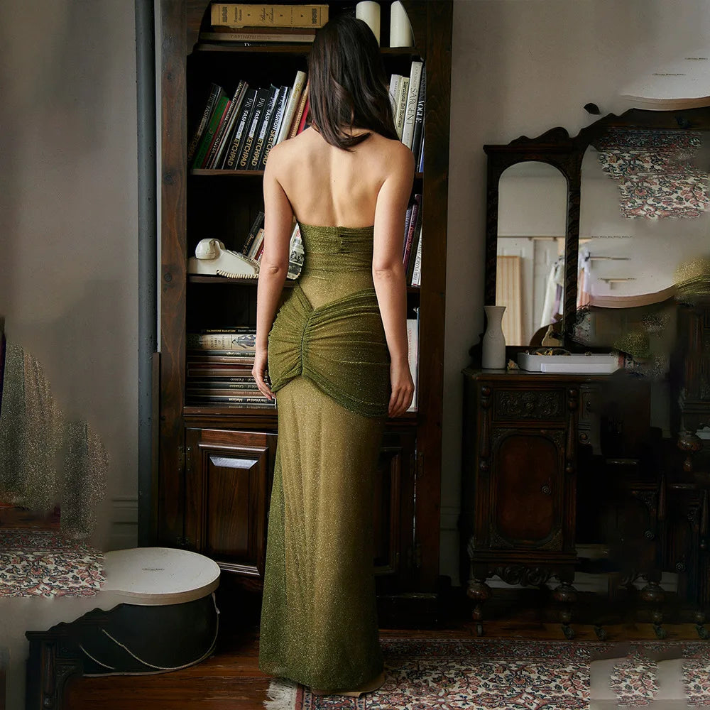 Strapless Maxi Dress with Glitter Mesh and Ruching Detail - Haisley