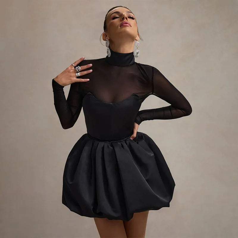 Balloon satin mini dress with mesh and half turtleneck design - Moran
