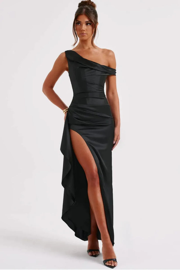 Satin Maxi Dress with Slit and One Shoulder Design - Emiliana