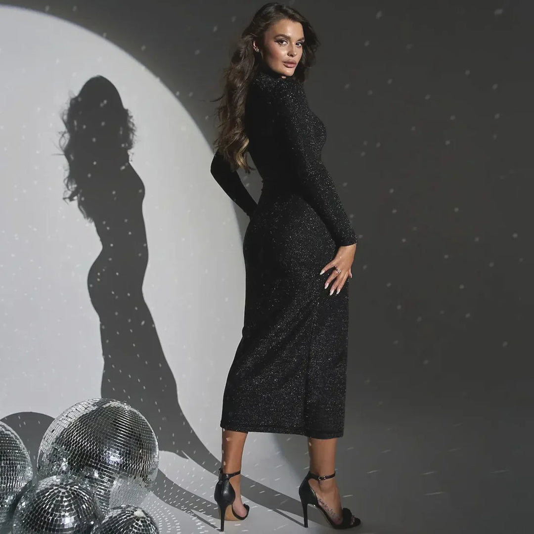 Sequin Maxi Dress with Half Turtleneck, Ruched Design, and Short Slit - Hazel