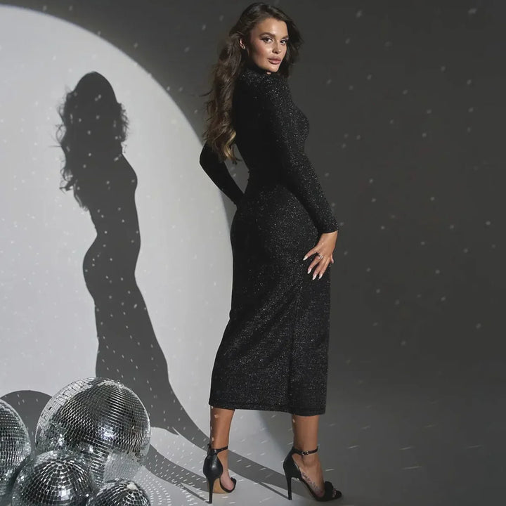 Sequin Maxi Dress with Half Turtleneck, Ruched Design, and Short Slit - Hazel