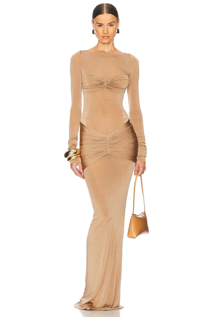 Fitted maxi dress with ruching design in shiny fabric - Ori