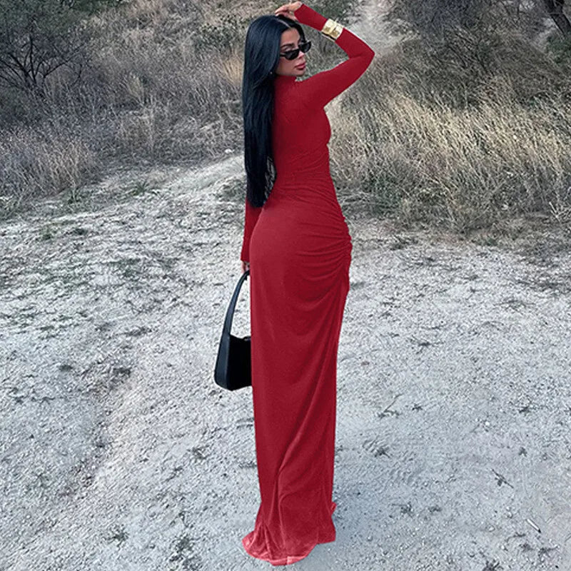 Maxi Dress with Ruching, Turtleneck, and Deep Slit - Sasha