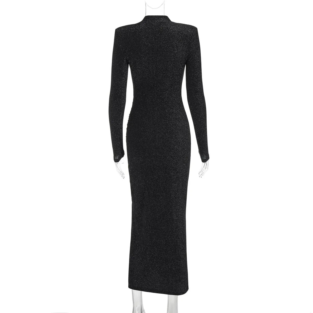 Sequin Maxi Dress with Half Turtleneck, Ruched Design, and Short Slit - Hazel