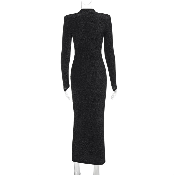 Sequin Maxi Dress with Half Turtleneck, Ruched Design, and Short Slit - Hazel