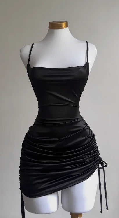 Satin Mini Dress with Tie Strings for Length and Ruching Adjustment - Tara