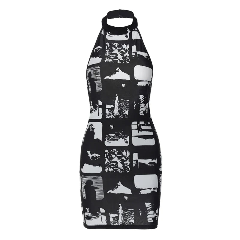 Mini Dress with Collar and Monochrome Print Design - Tessa
